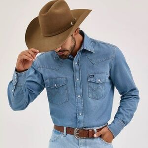 WRANGLER COWBOY CUT LONG SLEEVE WESTERN DENIM SNAP WORK SHIRT 15.5x33